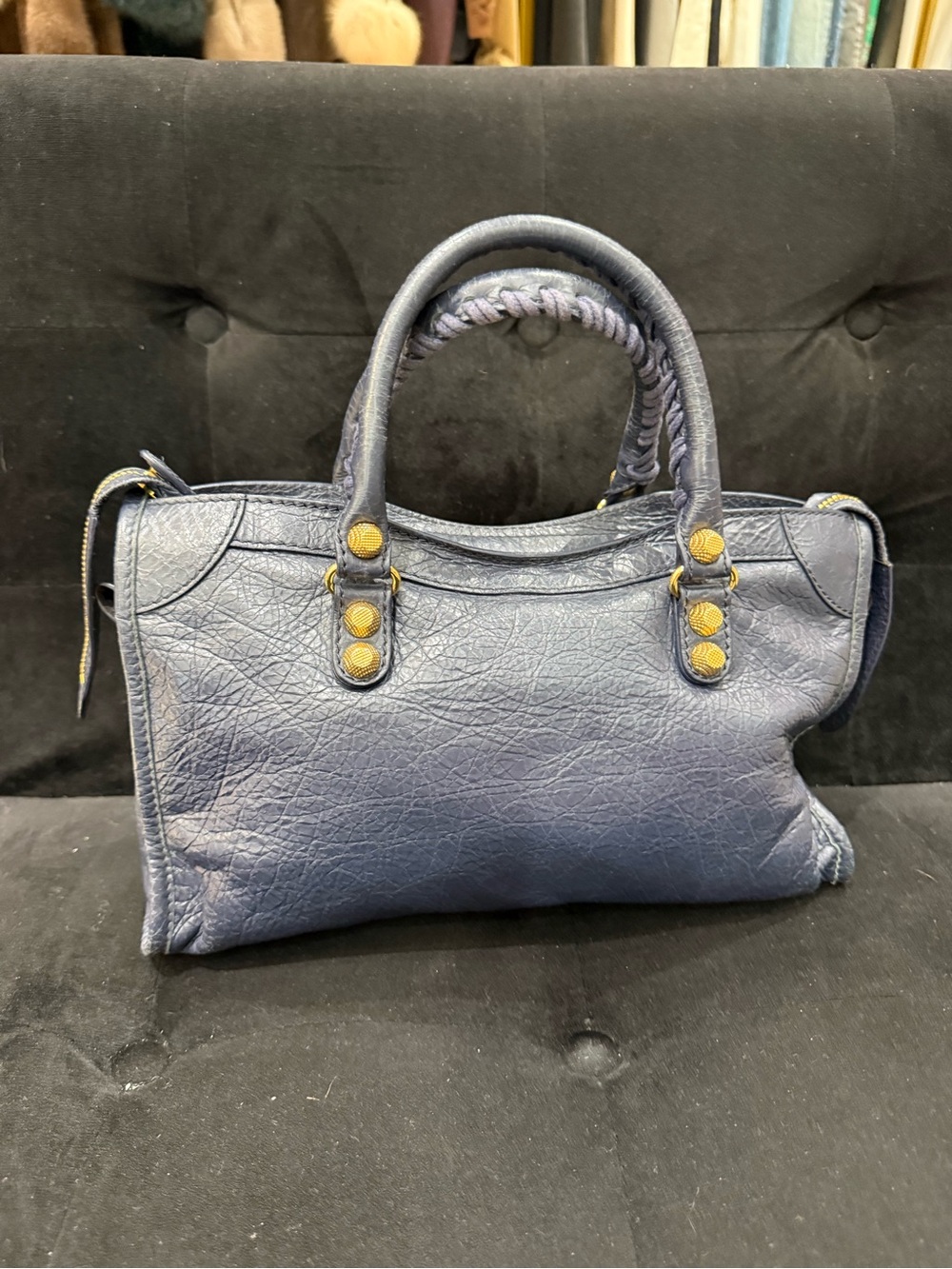 Balenciaga Navy Blue Leather Satchel with Gold Hardware - Picture 8 of 8